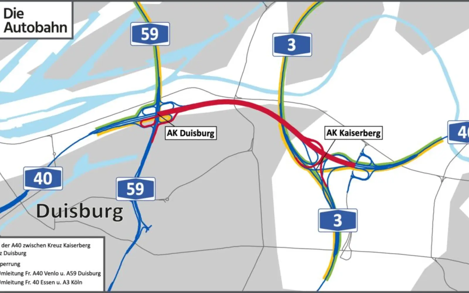 Detaillierte Ansicht der Sperrung und Umleitungen im Bereich der Autobahnkreuze Duisburg und Kaiserberg. Sperrungen rot, Umleitungen gelb und blau markiert. Abbildung: Autobahn GmbH