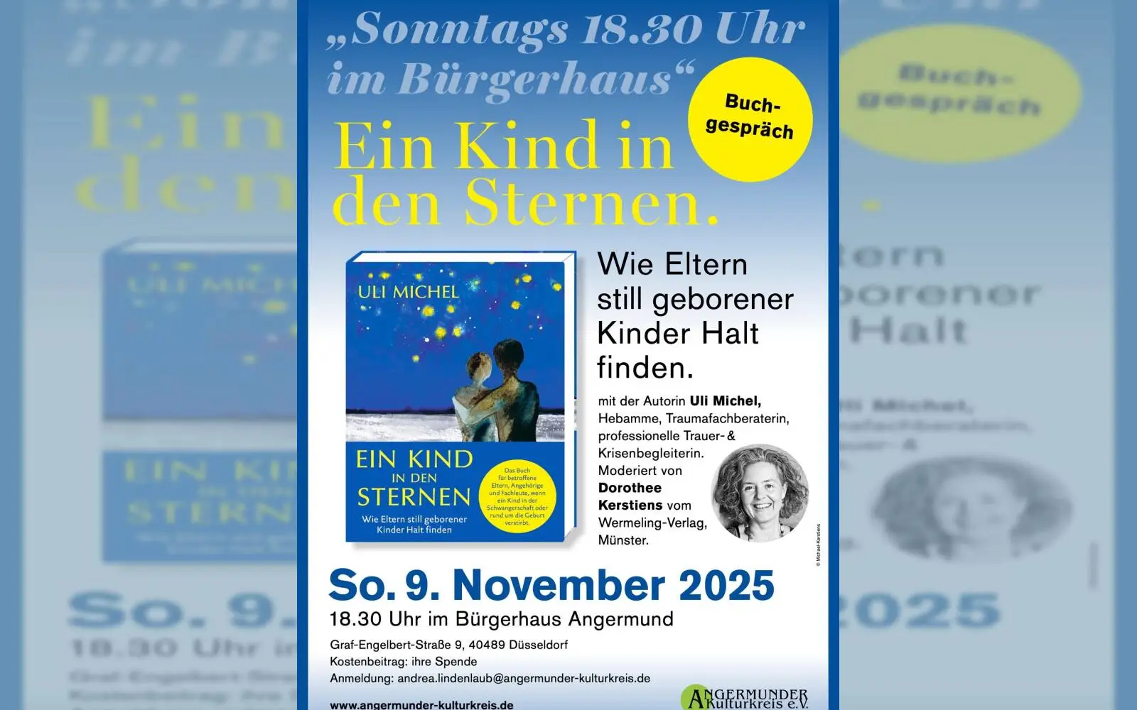 Am Sonntag, 9. November, stellt Uli Michel ihr Buch „Ein Kind in den Sternen“ im Bürgerhaus Angermund vor. Plakat: Angermunder Kulturkreis