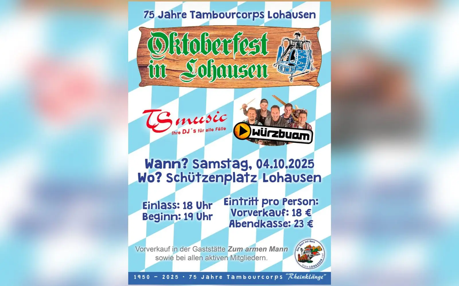 Mit diesem Plakat wirbt das Tambourcorps Rheinklänge für sein Jubiläums-Oktoberfest am 4. Oktober in Lohausen.