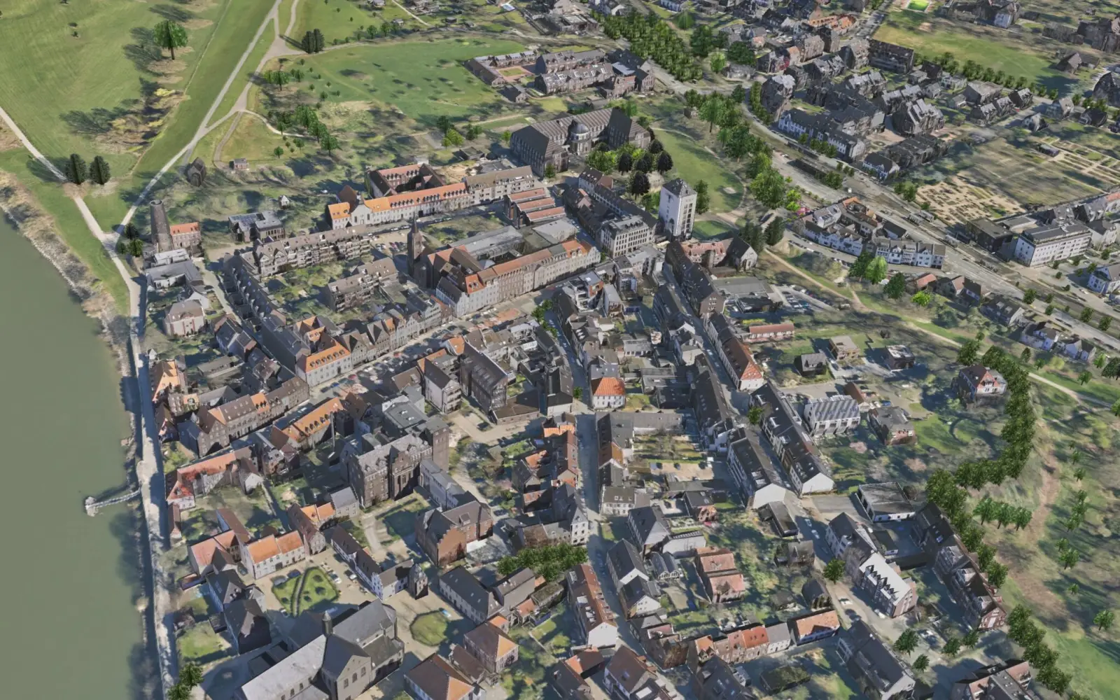 Ein Screenshot aus dem Digitalen Zwilling zeigt eine Ansicht von Kaiserswerth von oben. Copyright: Landeshauptstadt Düsseldorf