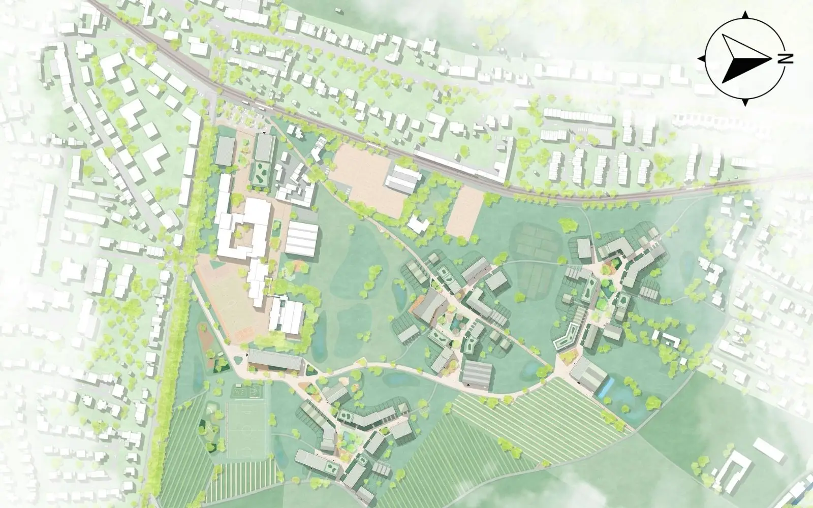 Lageplan vom Siegerentwurf des Wettbewerbs "Nördlich Kalkumer Schlossallee" von Architekten Venus GmbH, Hamburg, mit Greenbox Landschaftsarchitekten, Köln und BeL Sozietät für Architektur, Köln
