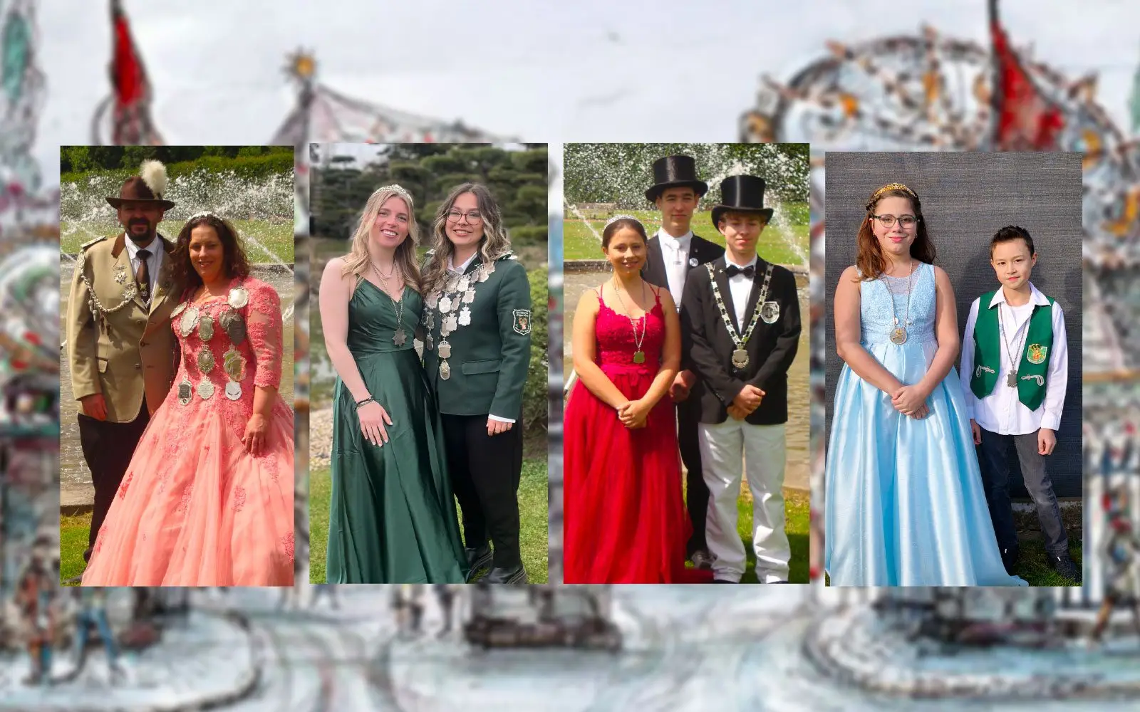 Regimentskönigspaar 2024 Sven und Yvonne Deimann, Kronprinzenpaar Sina Plähn und Johanna Ludwikowski, Jungschützenkönigspaar Nick Theiss und Jana Deimann und das Pagenkönigspaar Cora Deimann und Jannick Bulawa freuen sich auf das Schützenfes. Fotos: Schützenverein Stockum