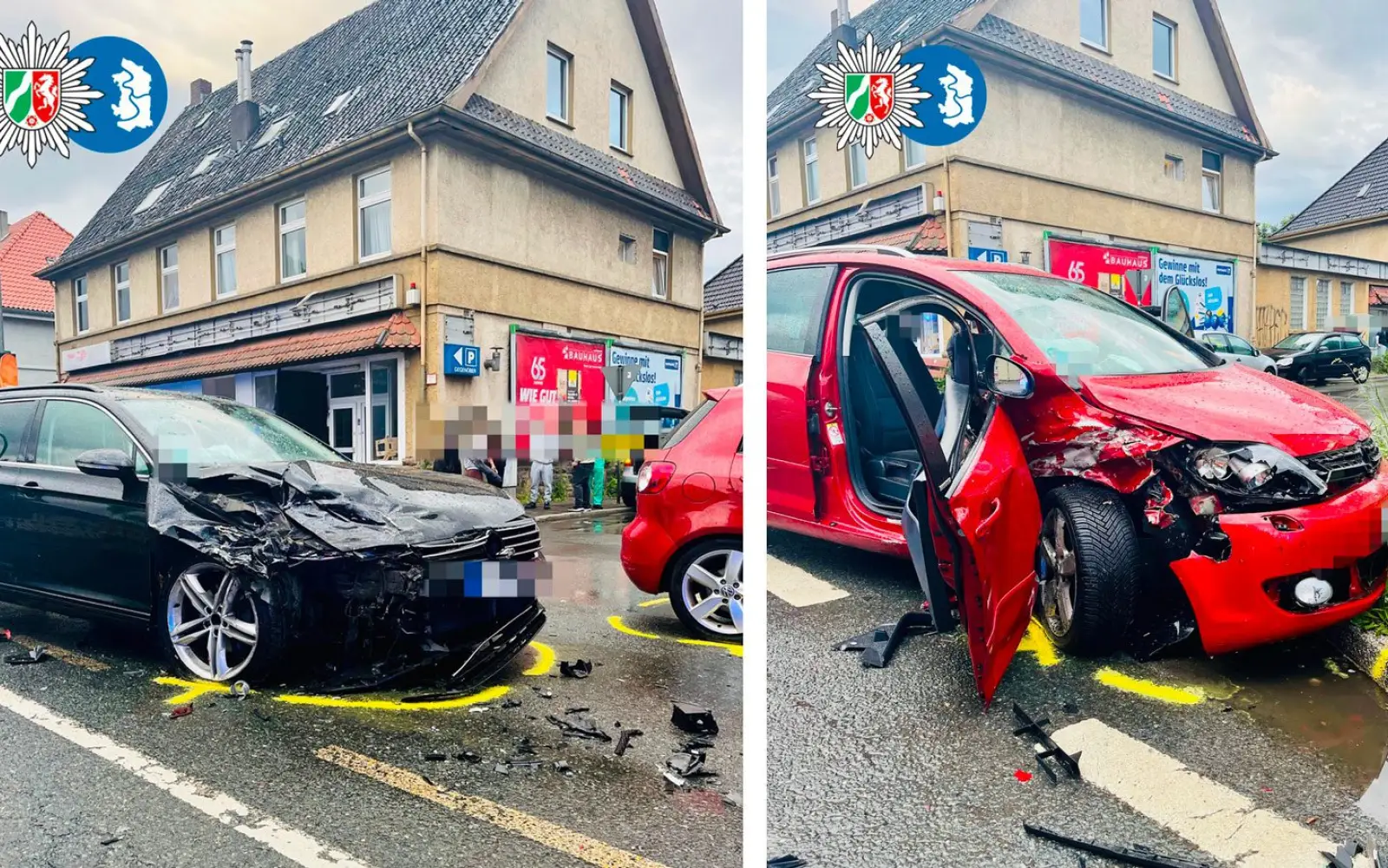 Zwei beschädigte Fahrzeuge nach dem Unfall an der Kreuzung Wedauer Straße / Zu den Eichen. Fotos: Polizei Duisburg