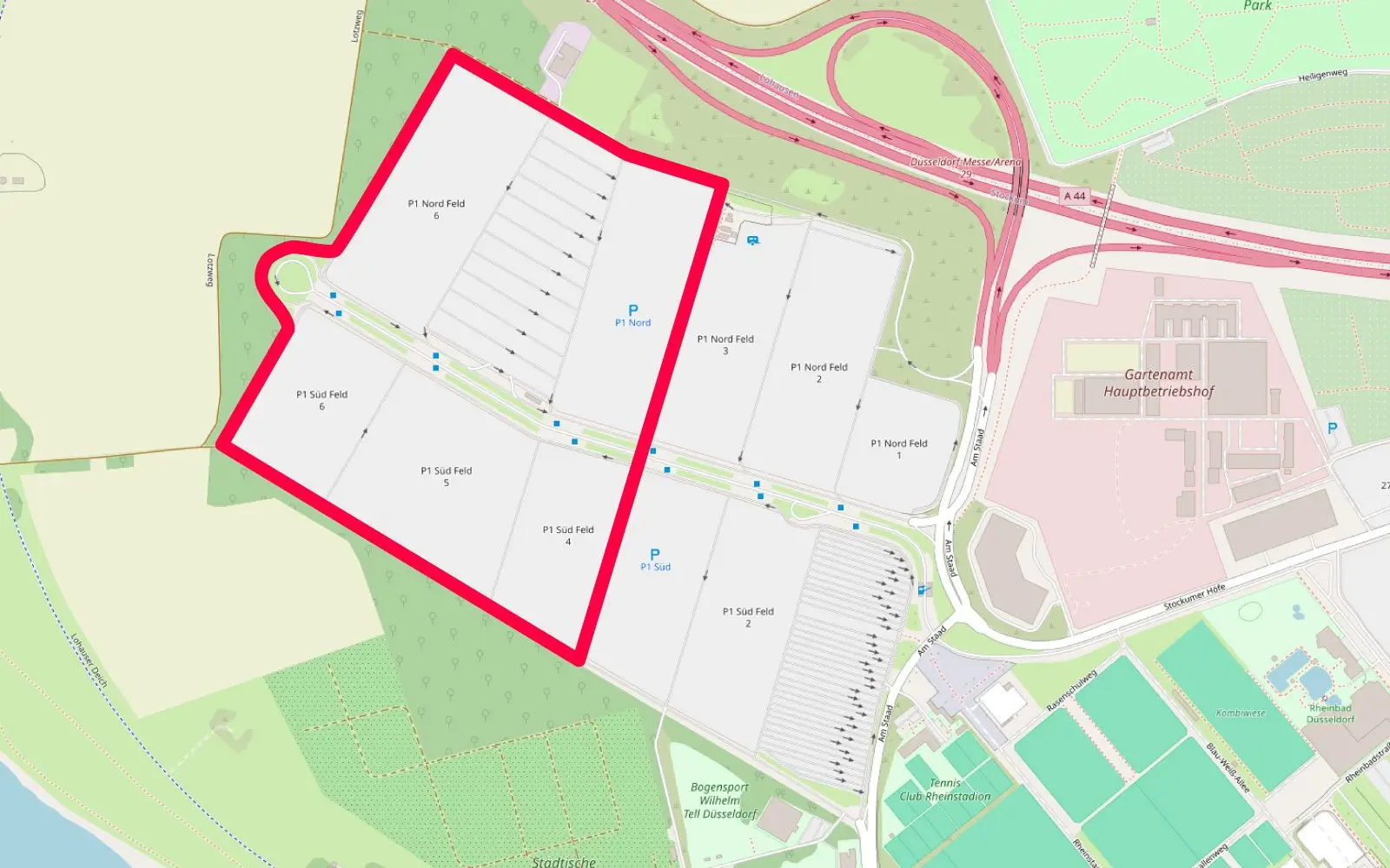 Ansicht des Messeparkplatzes P1 in Düsseldorf. Die Fläche von rund 80.000 Quadratmetern soll künftig für Open-Air-Veranstaltungen genutzt werden. Quelle: OpenStreetMap