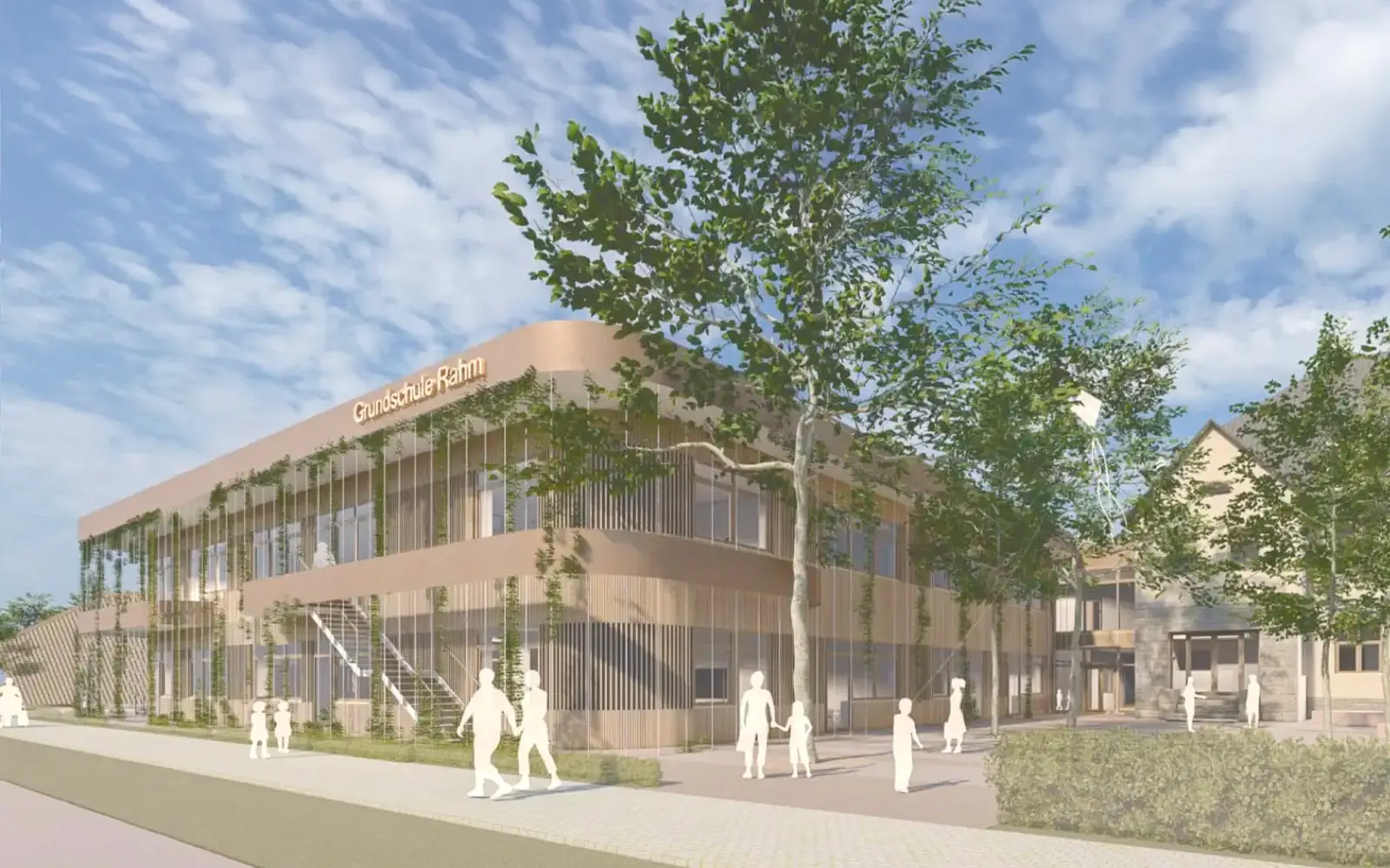 Seit 2024 liegen die Visualisierungen für den (Ersatz-)Neubau der Grundschule Rahm vor. Quelle: Schulbau Gesellschaft Duisburg