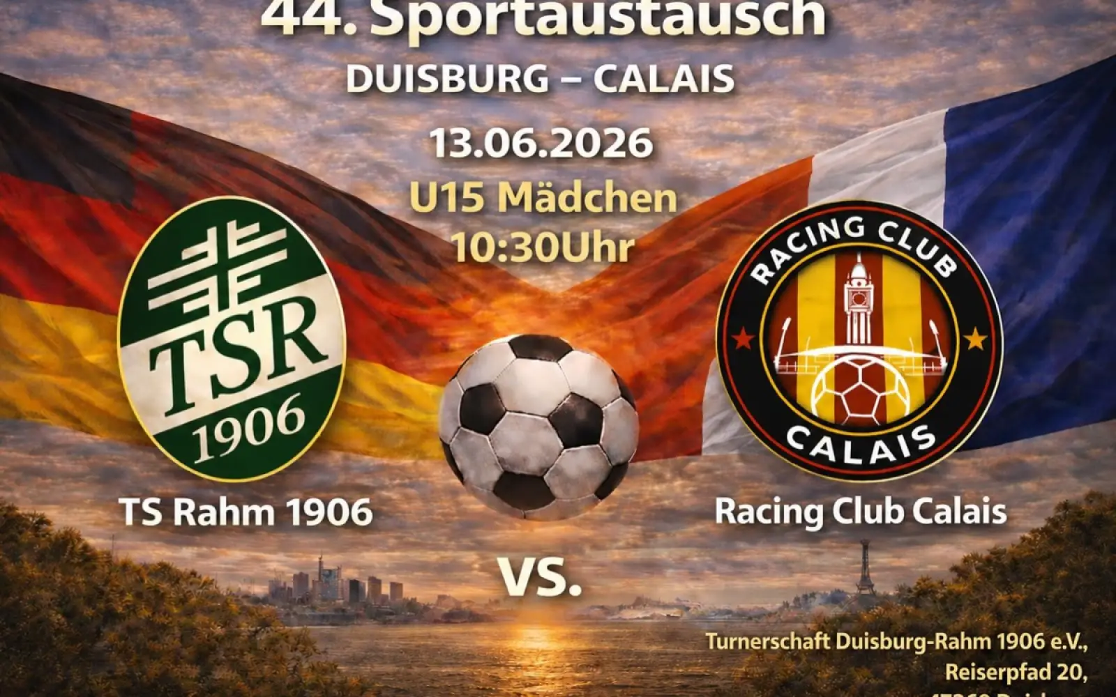Beim 44. Sportaustausch zwischen Duisburg und Calais treffen die U15-Mädchen der Turnerschaft Rahm auf den Racing Club Calais. Grafik: Turnerschaft Rahm