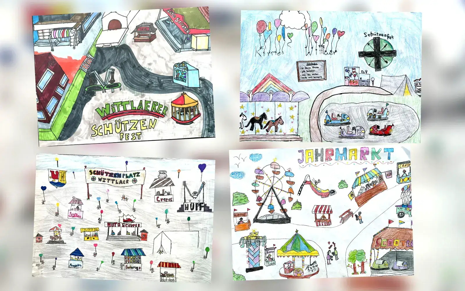 Das sind die vier ausgezeichneten Bilder für die Banner an den Ortseingängen von Wittlaer anlässlich des Schützenfestes, gemalt von den Kindern der Franz-Vaahsen- Schule der Klassen 3 und 4.