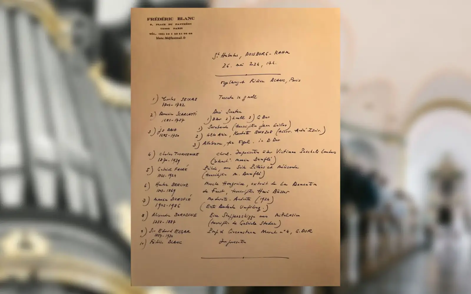Handschriftlich hat Frédéric Blanc sein Programm für Sonntag, 26. Mai, in Rahm mitgeteilt. Foto: privat