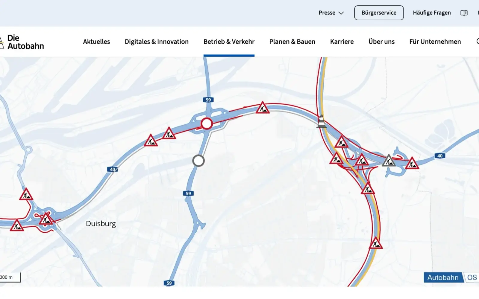 Baustellenkarte der Autobahn GmbH mit Informationen zur A59-Sperrung zur A40.