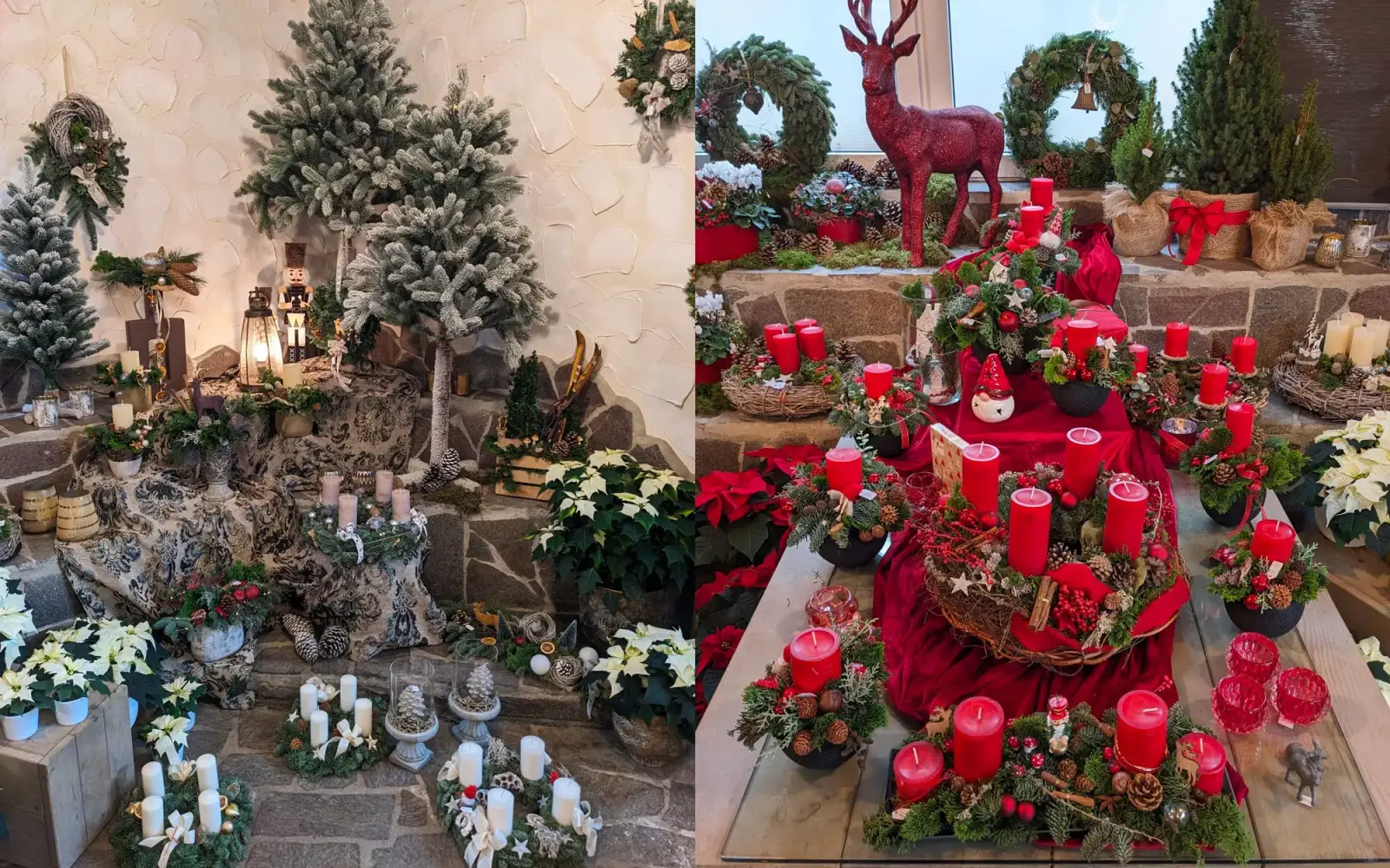 Florale Handwerkskunst, jedes Werk ein Unikat, sowie weihnachtliche Accessoires gibt es bei „Rosen Ruland“ sowohl im Hofladen als auch im Selbstbedienungsverkauf, beides am Grünen Weg zwischen Rahm und Angermund. Fotos: Rosen Ruland