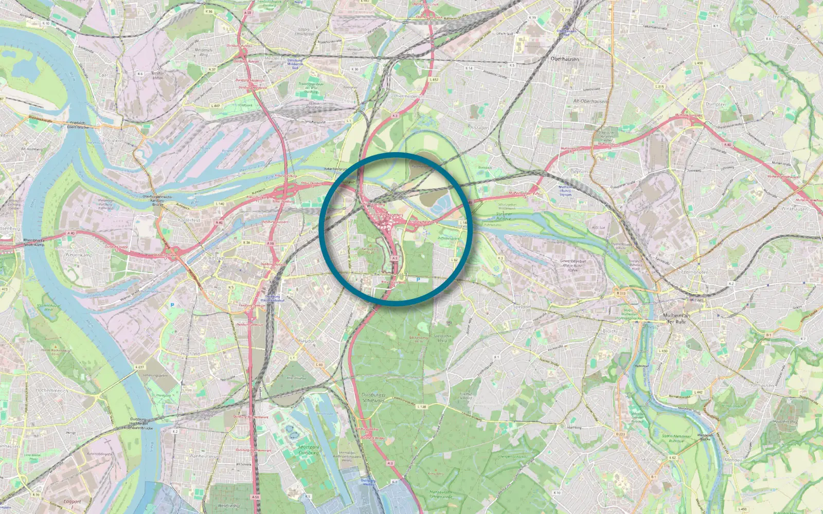 Karte des Autobahnkreuzes Duisburg-Kaiserberg mit der A40 und A3. Quelle: OpenStreetMap