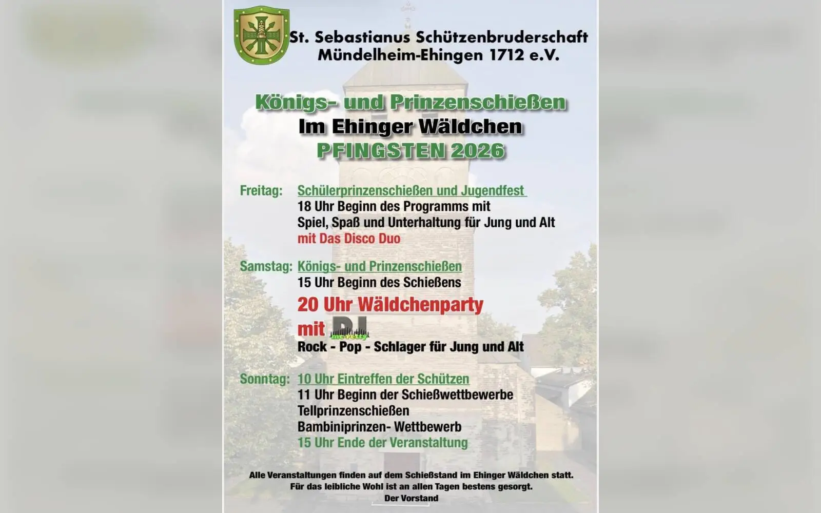 Die Schützenbruderschaft Mündelheim-Ehingen ermittelt an Pfingsten ihre neue Königin oder ihren neuen König.