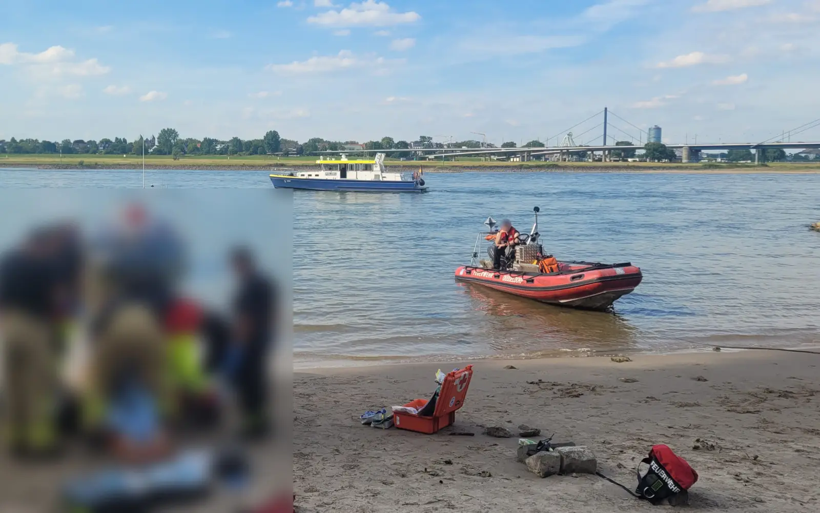 Mit einem Boot der Wasserschutzpolizei und dem Rettungsboot der Feuerwehr lief am Rheinstrand in Düsseldorf der Einsatz für den verunglückten 40-Jährigen; die eigentliche Rettungssituation (links) hat die Polizei bewusst unkenntlich gemacht. Foto: Po