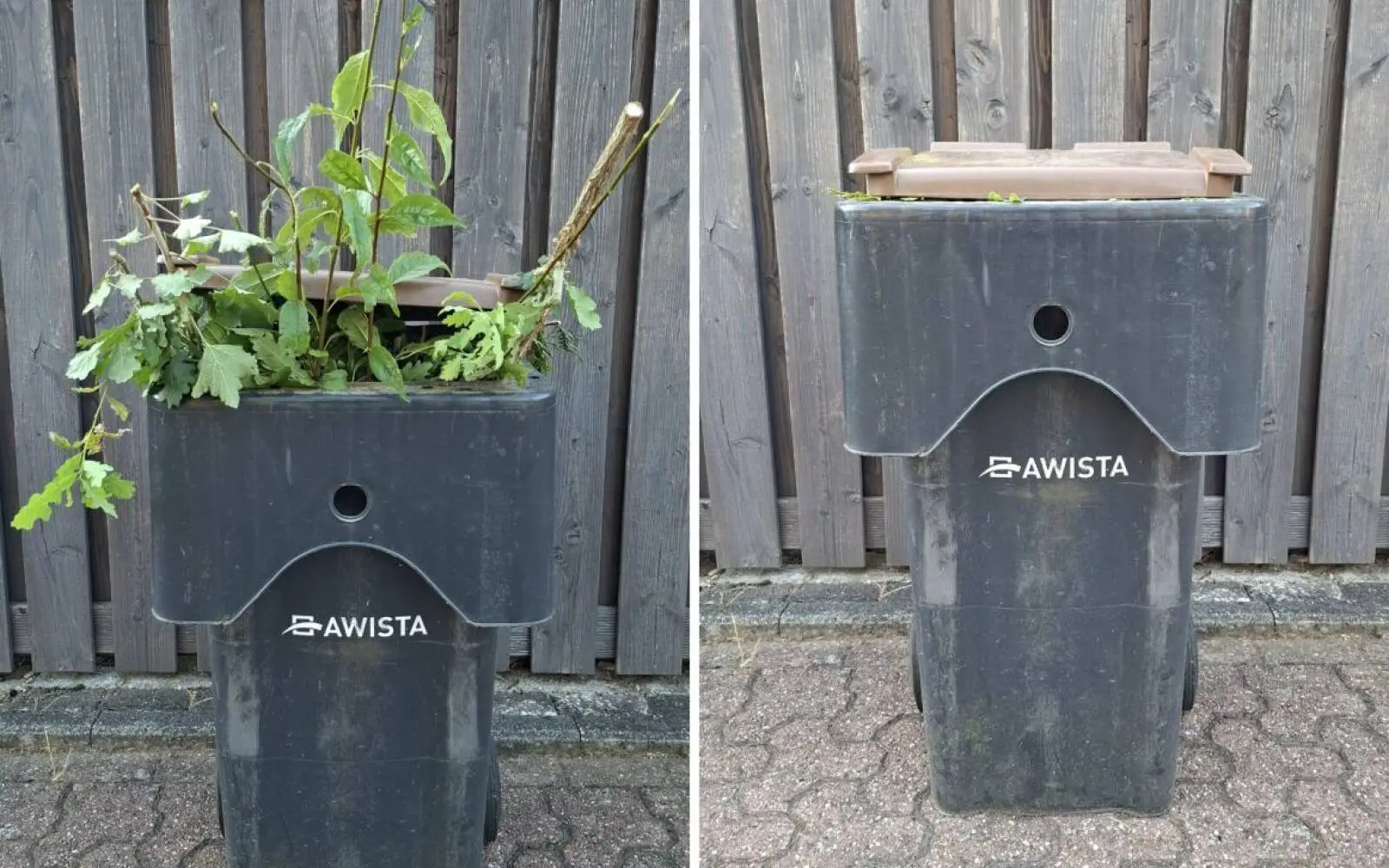 Ragen Äste aus der Biotonne wie auf dem linken Bild, bleibt sie stehen. Nur Behälter mit geschlossenem Deckel wie rechts werden geleert. Foto: AWISTA