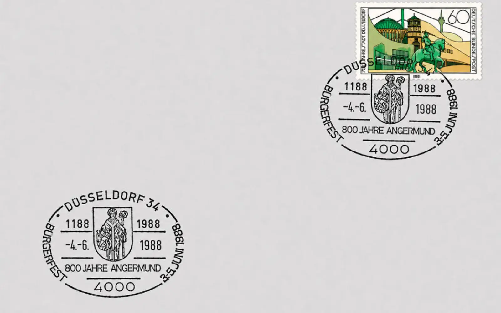 Ein Sonderstempel würdigte 1988 das Bürgerfest zu 800 Jahre Angermund unter der damaligen Postbezeichnung „Düsseldorf 34“. Foto: Sammlung cfs (KI Optimiert)