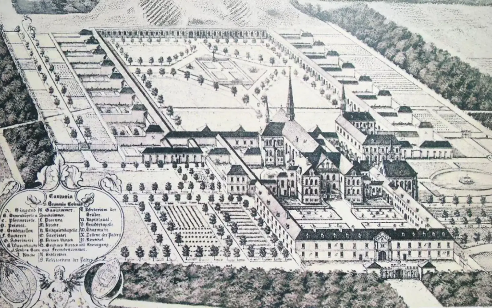 Der historische Plan zeigt die Kartause Hain bei Düsseldorf mit einer detaillierten Beschriftung der Gebäude und 10.000 Eichen.