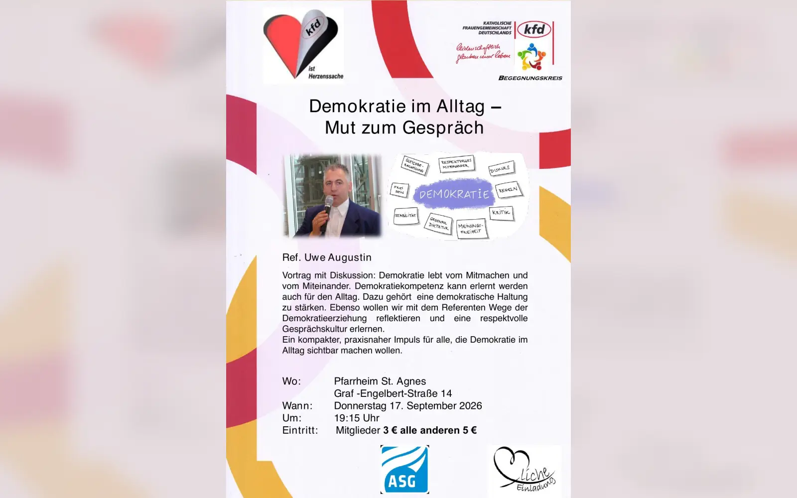 Uwe Augustin spricht am Donnerstag, 17. September, um 19.15 Uhr im Pfarrheim St. Agnes in Angermund über Demokratie im Alltag und diskutiert anschließend mit den Gästen. Plakat: kfd Angermund