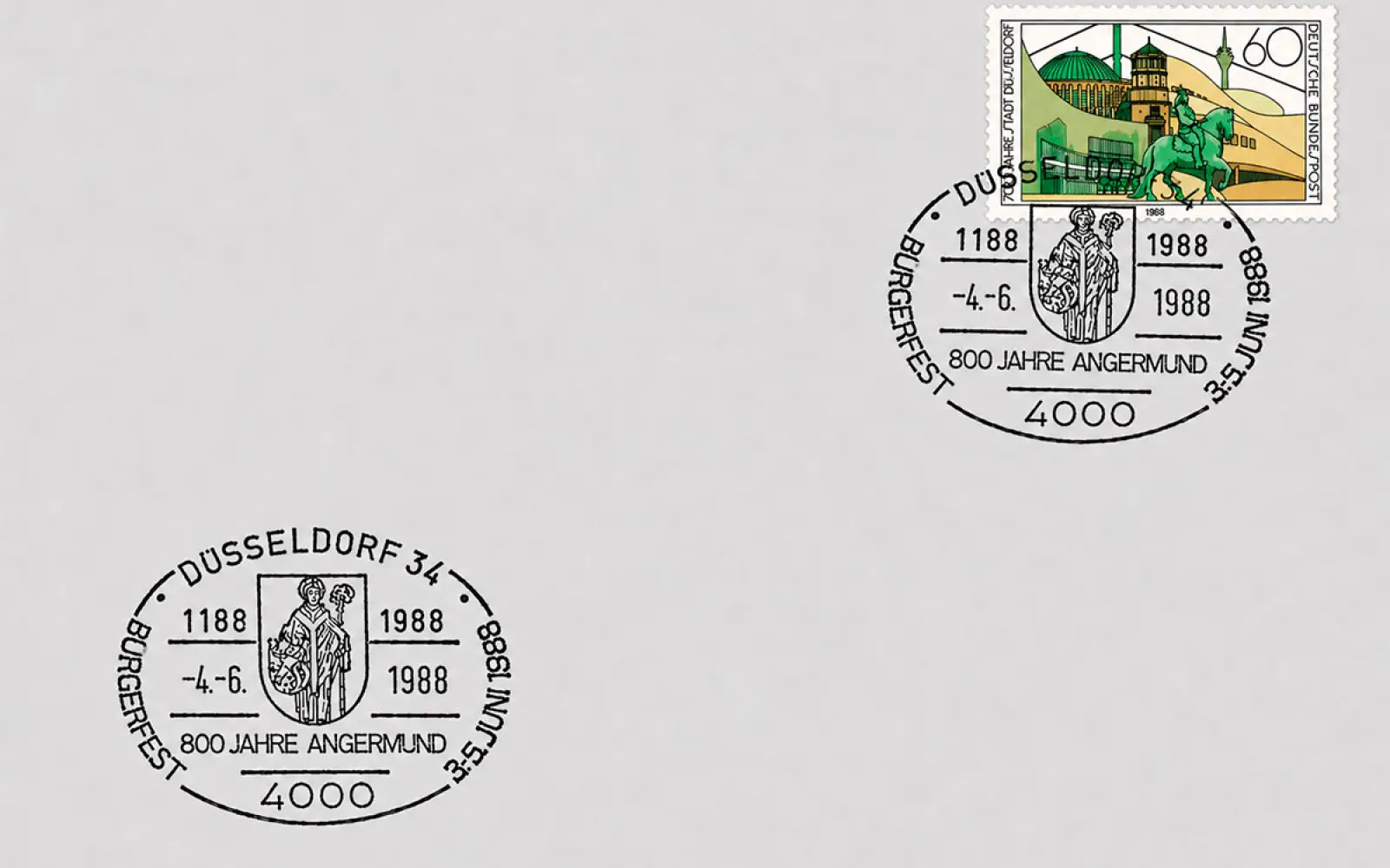 Ein Sonderstempel würdigte 1988 das Bürgerfest zu 800 Jahre Angermund unter der damaligen Postbezeichnung „Düsseldorf 34“. Foto: Sammlung cfs (KI Optimiert)