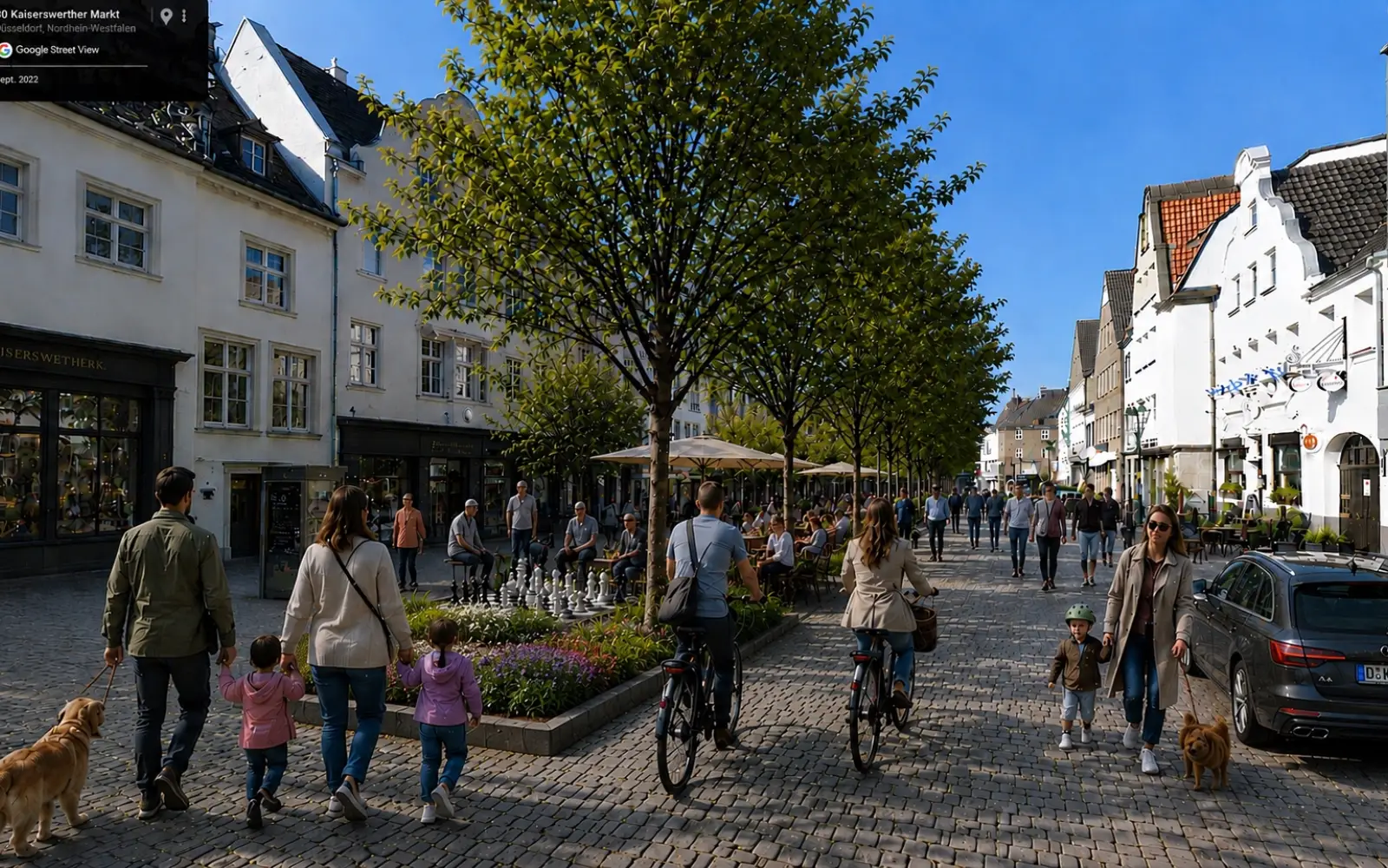 Schattenspendende Bäume und weniger Parkplatz-Suchverkehr zeigt diese KI-Visualisierung für den Kaiserswerther Markt, Grundlage ist eine Aufnahme von Google Street View. Eine konkrete Planung ist sie ausdrücklich nicht. Foto: Bündnis 90/Die Grünen Düsseldorf/Google Street View