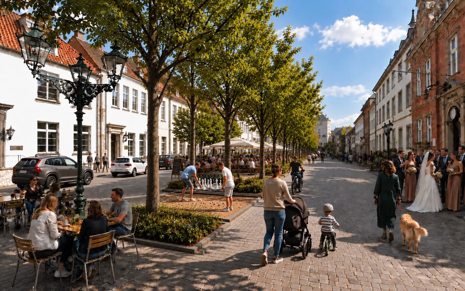 Mehr Bäume, Außengastronomie und Platz für Fußgänger zeigt diese KI-Visualisierung für den Kaiserswerther Markt, eines von drei Beispielen aus dem Flyer der Kampagne. Foto: Bündnis 90/Die Grünen Düsseldorf