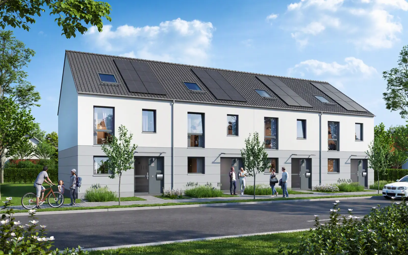 An der Goslarer Straße in Ungelsheim entstehen 19 Einfamilienhäuser des Typs VISTA L, die hier auf einem Beispielfoto zu sehen sind. An diesem Standort in Duisburg-Süd sieht das städtebauliche Konzept allerdings keine Viererreihe vor. Visualisierung: Dornieden Gruppe