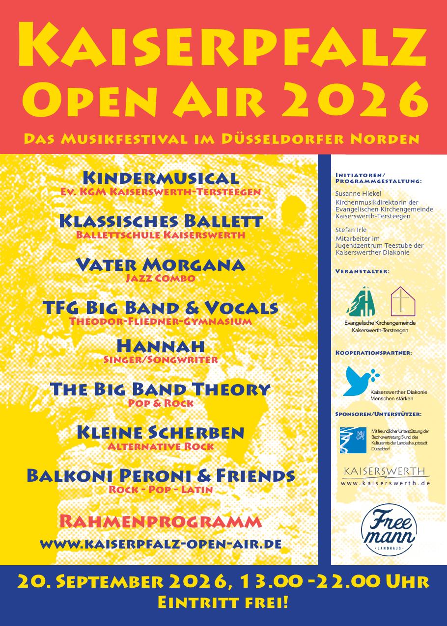 Das Plakat zum Kaiserpfalz Open Air 2026 nennt acht Programmpunkte vom Kindermusical bis zu Balkoni Peroni & Friends. Plakat: Kaiserpfalz Open Air