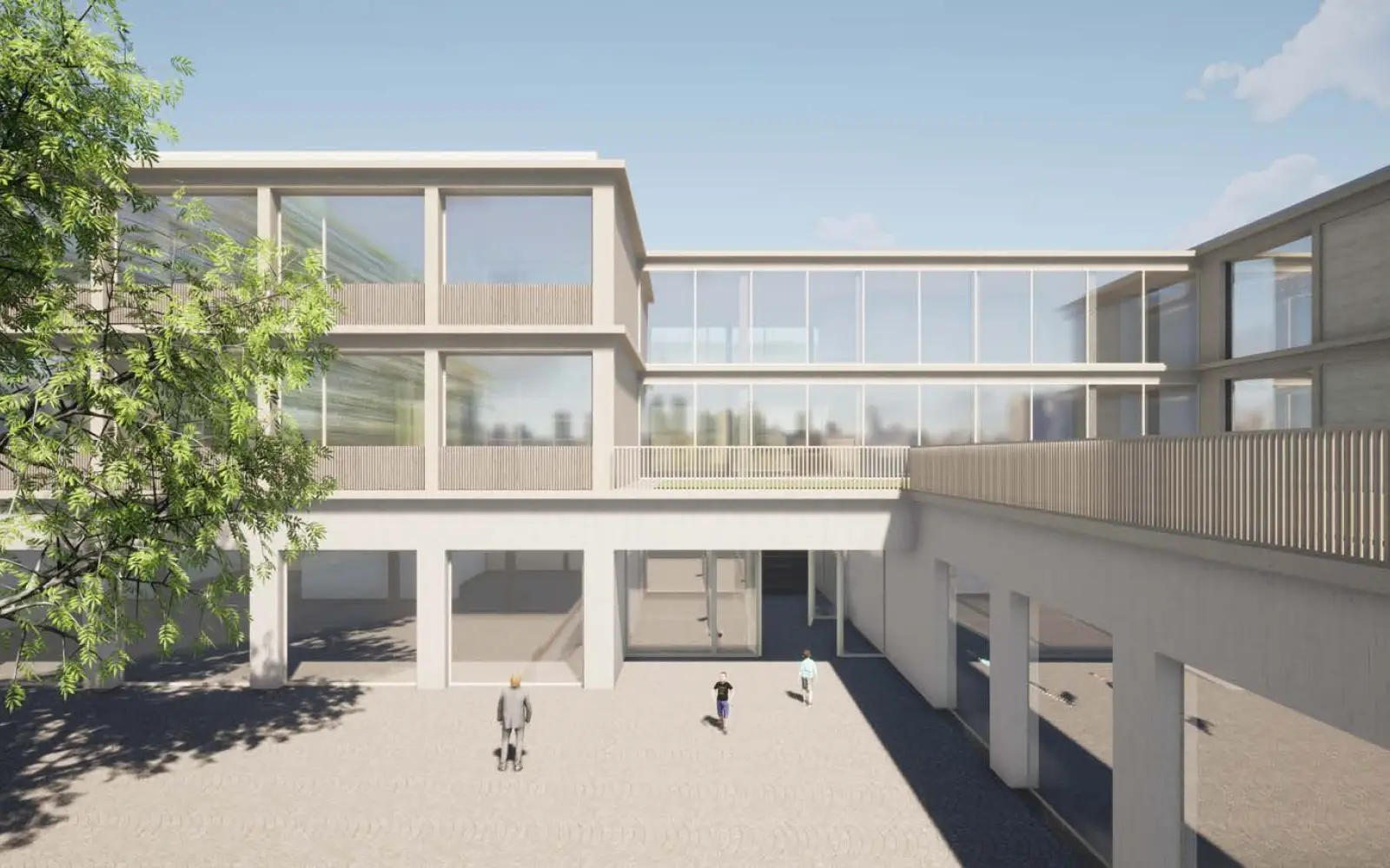 Die neue Grundschule in 6-Seen-Wedau soll L-förmig errichtet werden und teilweise auch für das Quartier nutzbar sein. Visualisierung: gernot schulz : architektur GmbH