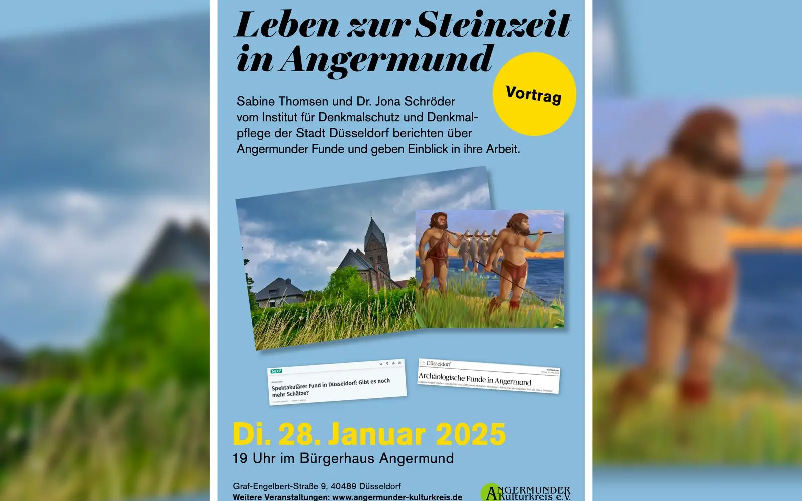 Der Vortrag bietet Einblicke in archäologische Funde und die Arbeit der Bodendenkmalpflege in Düsseldorf. Plakat: AKK