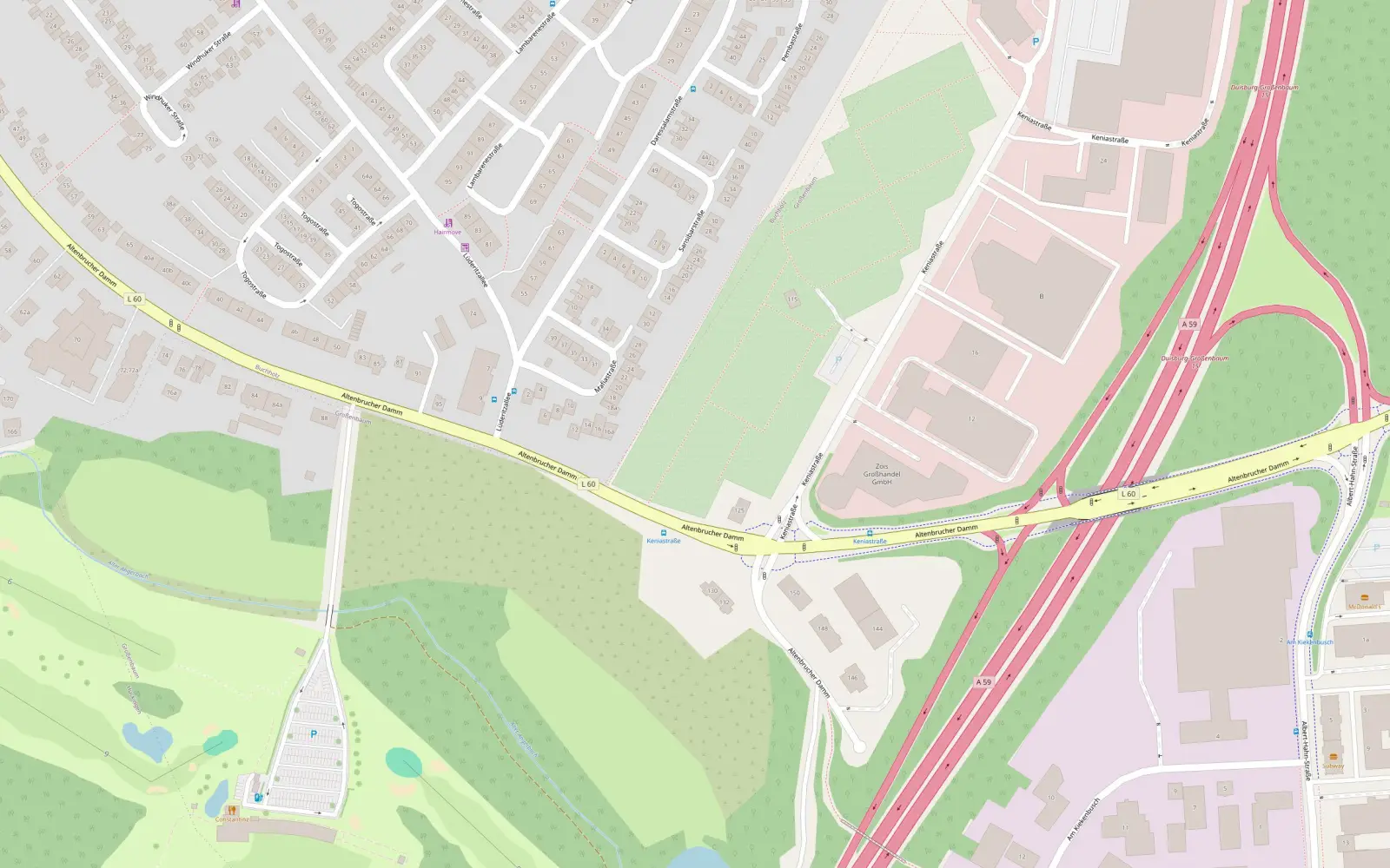 Karte des Bereichs rund um die Kreuzung Altenbrucher Damm und Keniastraße in Duisburg-Großenbaum. © OpenStreetMap Mitwirkende