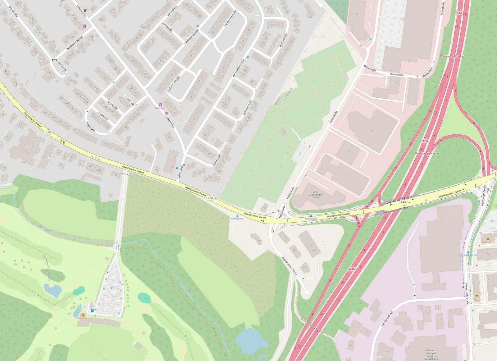 Karte des Bereichs rund um die Kreuzung Altenbrucher Damm und Keniastraße in Duisburg-Großenbaum. © OpenStreetMap Mitwirkende