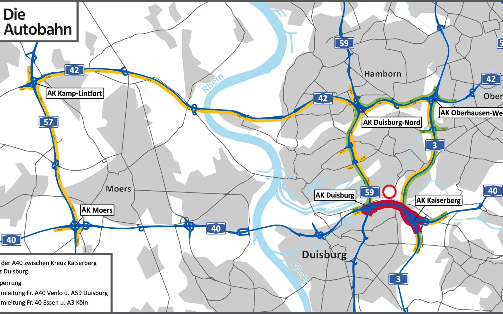 Sperrung der A40 zwischen den Autobahnkreuzen Duisburg und Kaiserberg von Freitagabend bis Montagmorgen. Umleitungen sind in den Karten markiert. Abbildung: Autobahn GmbH