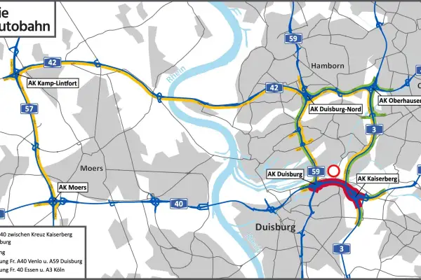 A40: Vollsperrung am Autobahnkreuz Duisburg-Kaiserberg