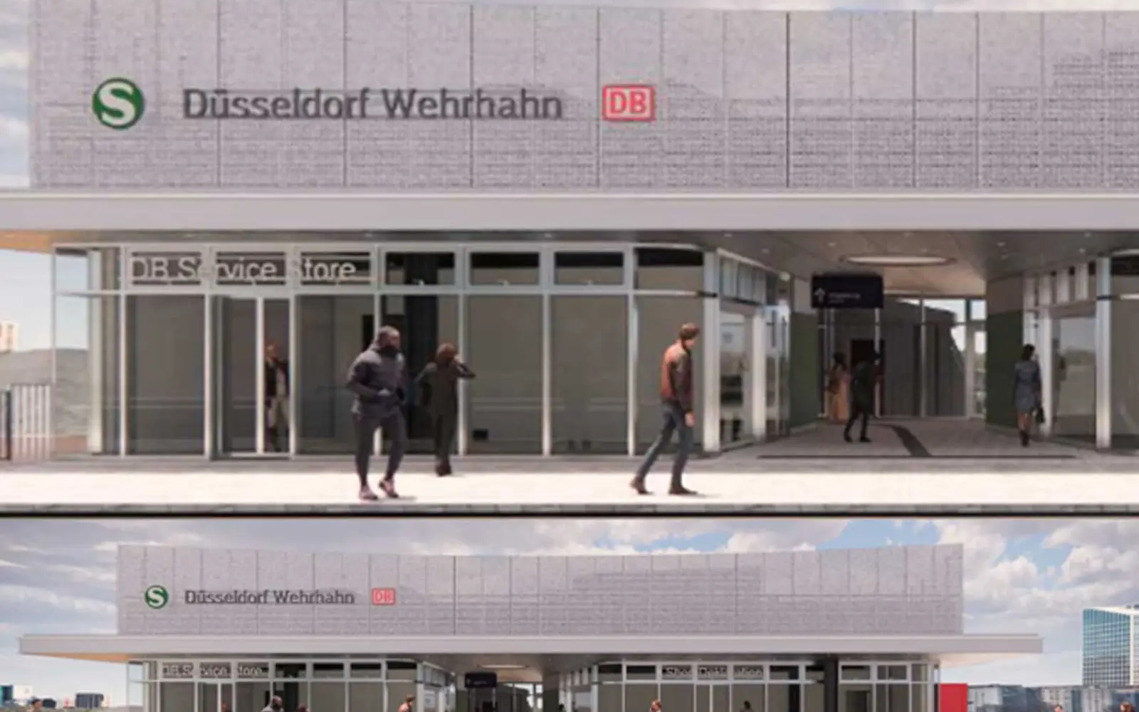 Visualisierung des neuen Bahnhofsgebäudes in Düsseldorf-Wehrhahn. Die Erneuerung findet in mehreren Bauabschnitten statt. Quelle: DB AG