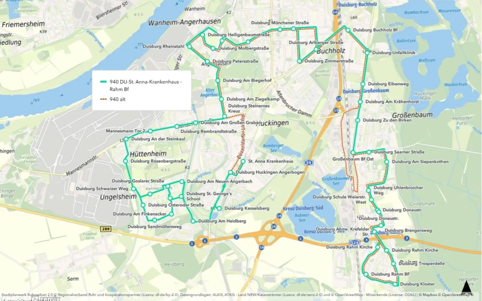 Bislang ist es nicht möglich, ohne umzusteigen von Rahm zum Sittardsberg zu kommen. Das könnte sich bald ändern, wenn die Linie 940 eine andere Strecke fahren würde. Quelle: Stadt Duisburg / © OpenStreetMap-Beitragende