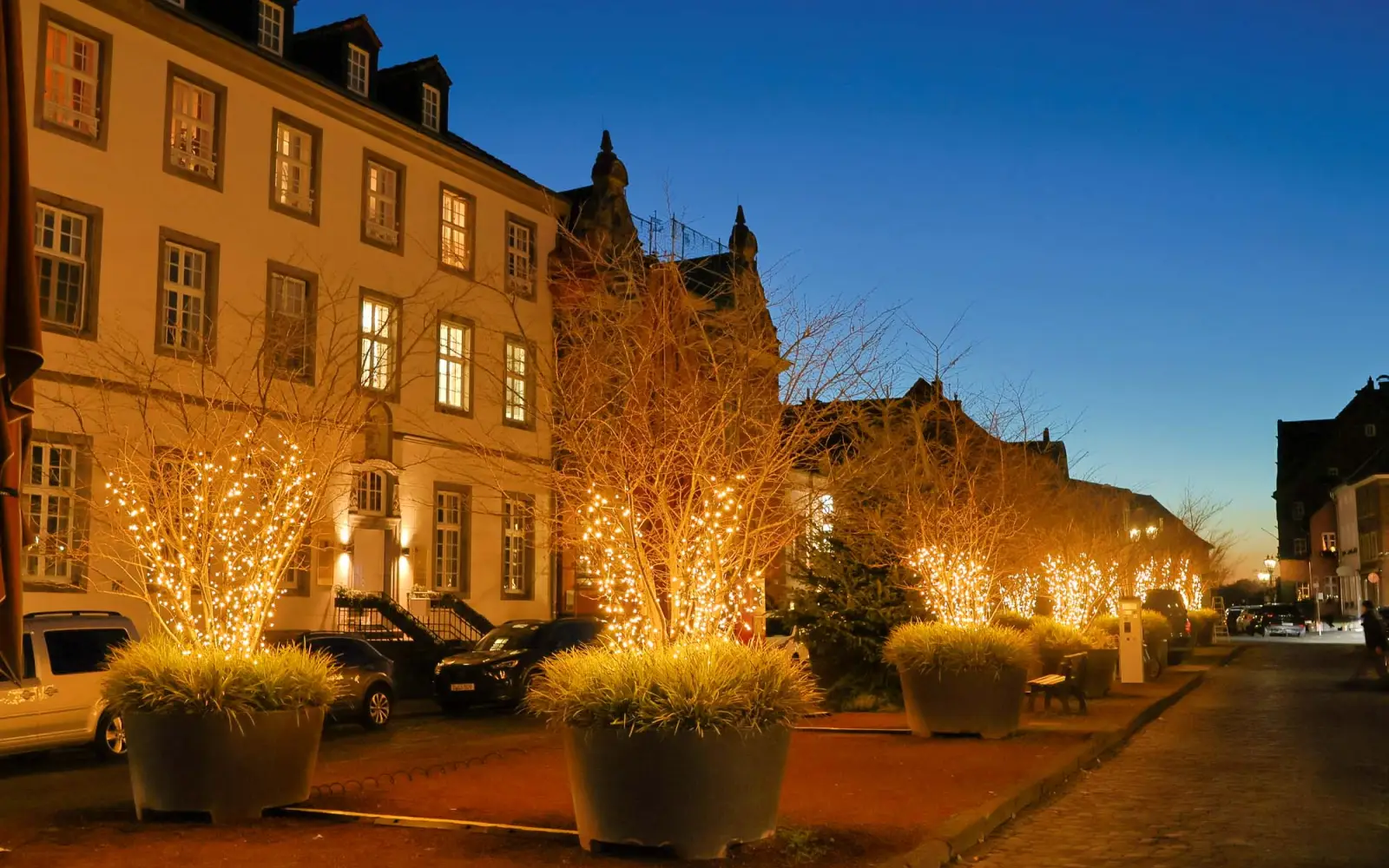 Ein erster Testlauf für die neue Weihnachtsbeleuchtung in Kaiserswerth tauchte die Bäume bereits in warmes Licht. Nach letzten Feinjustierungen sollen die Lichter ab Samstag, 22. November, täglich bis 23 Uhr leuchten. Foto: ah