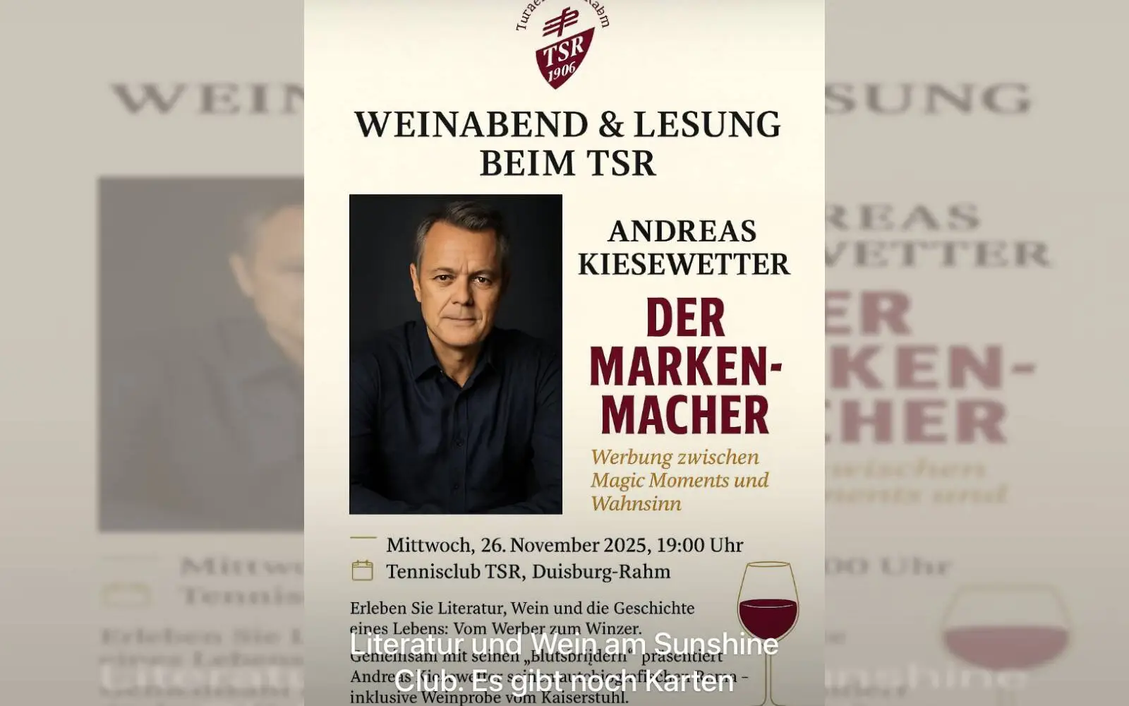 Das Plakat kündigt den Weinabend und die Lesung mit Andreas Kiesewetter am 26. November beim TSR Rahm an.