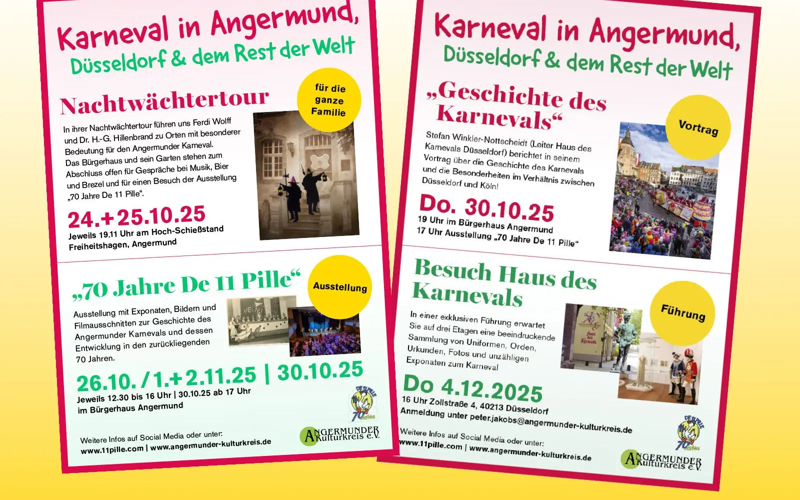 Die Plakate des Angermunder Kulturkreises und der KG „De elf Pille“ kündigen die verschiedenen Veranstaltungen der Jubiläums-Reihe an.