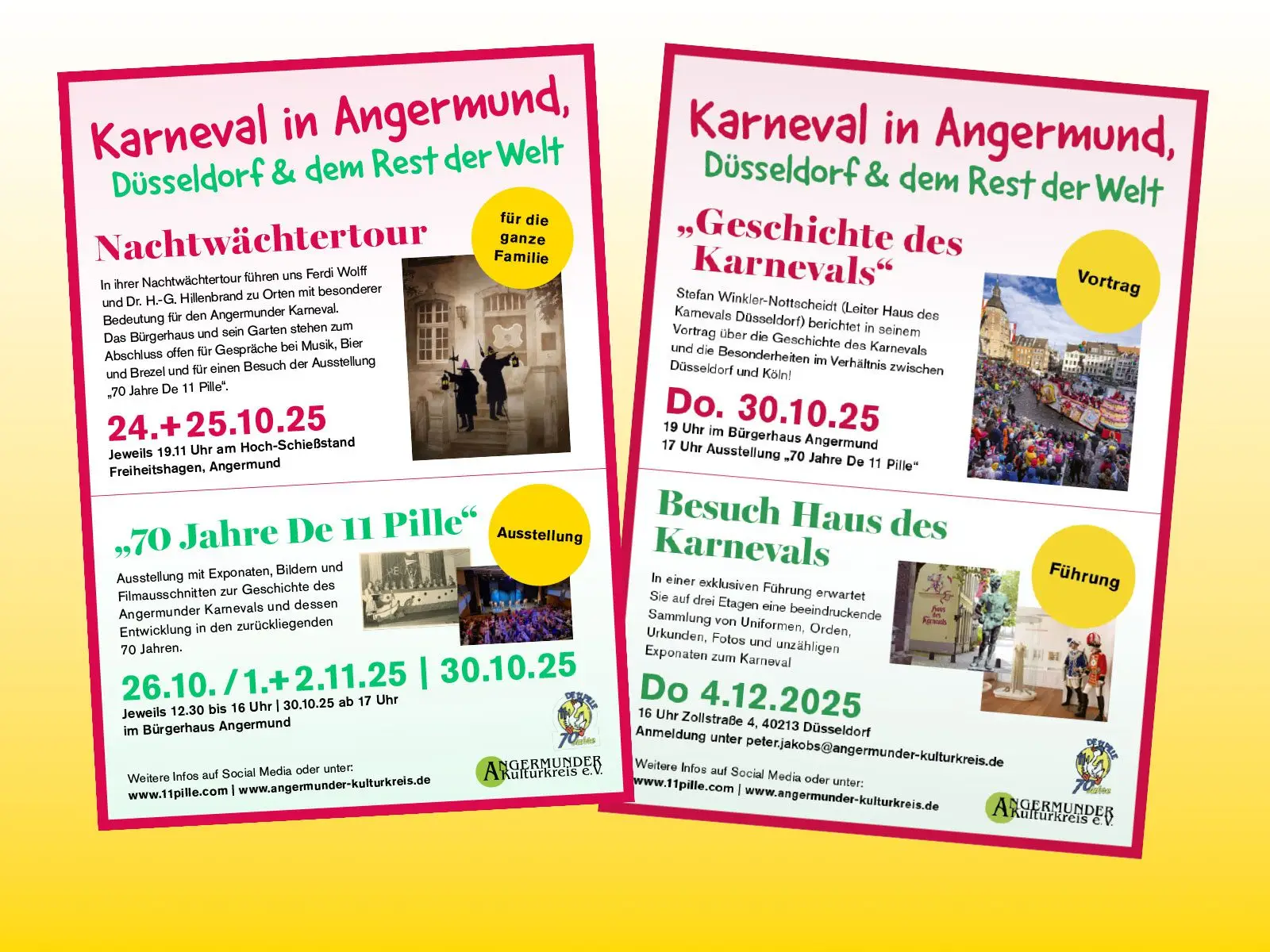 Die Plakate des Angermunder Kulturkreises und der KG „De elf Pille“ kündigen die verschiedenen Veranstaltungen der Jubiläums-Reihe an.