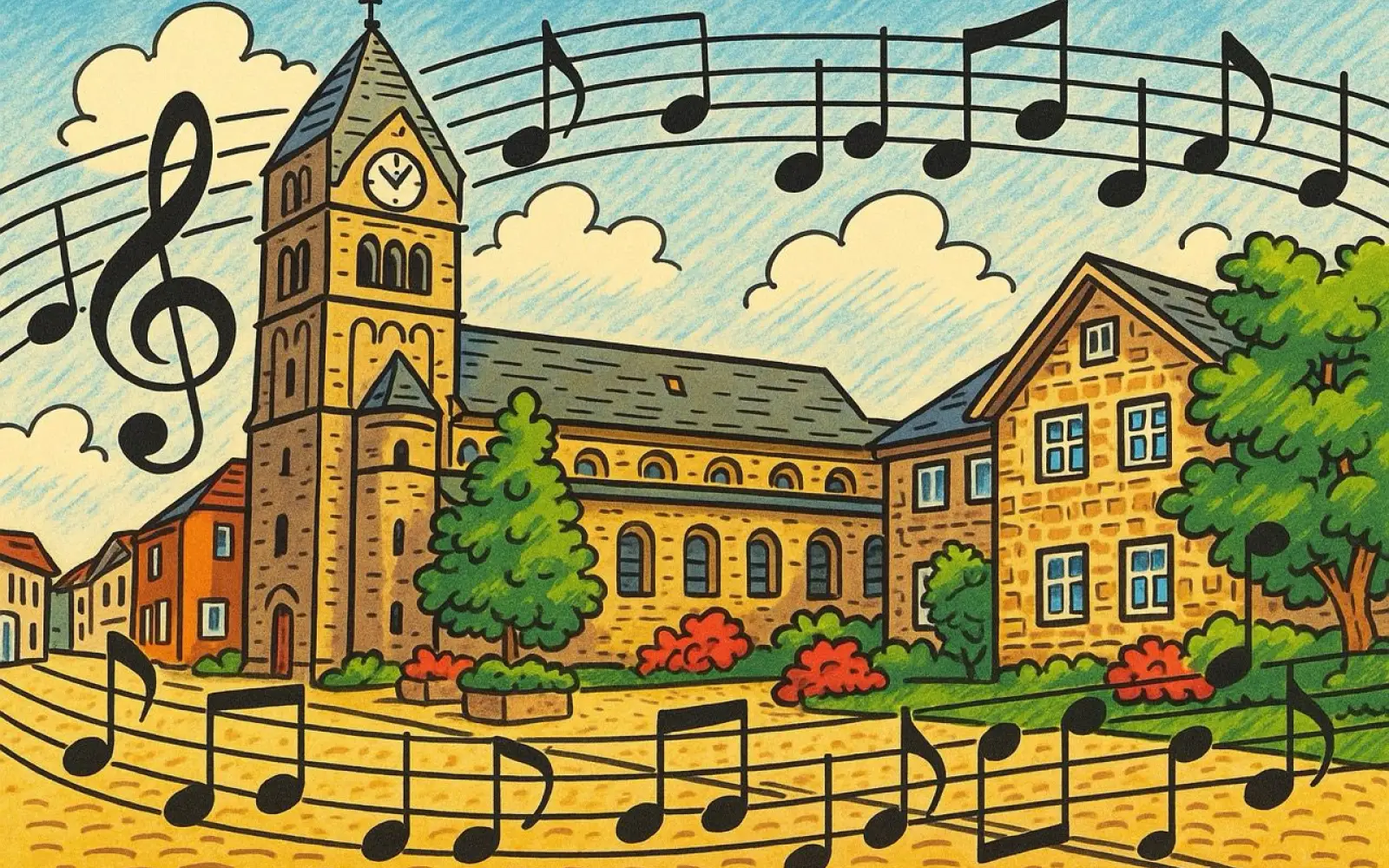 Musikalische Spurensuche rund um die Kirche – der Kompositionswettbewerb bringt Kinder in Angermund kreativ in Bewegung. Illustration: KI