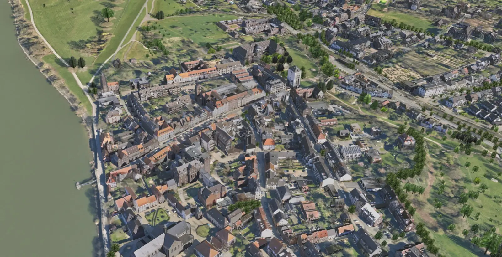 Ein Screenshot aus dem Digitalen Zwilling zeigt eine Ansicht von Kaiserswerth von oben. Copyright: Landeshauptstadt Düsseldorf