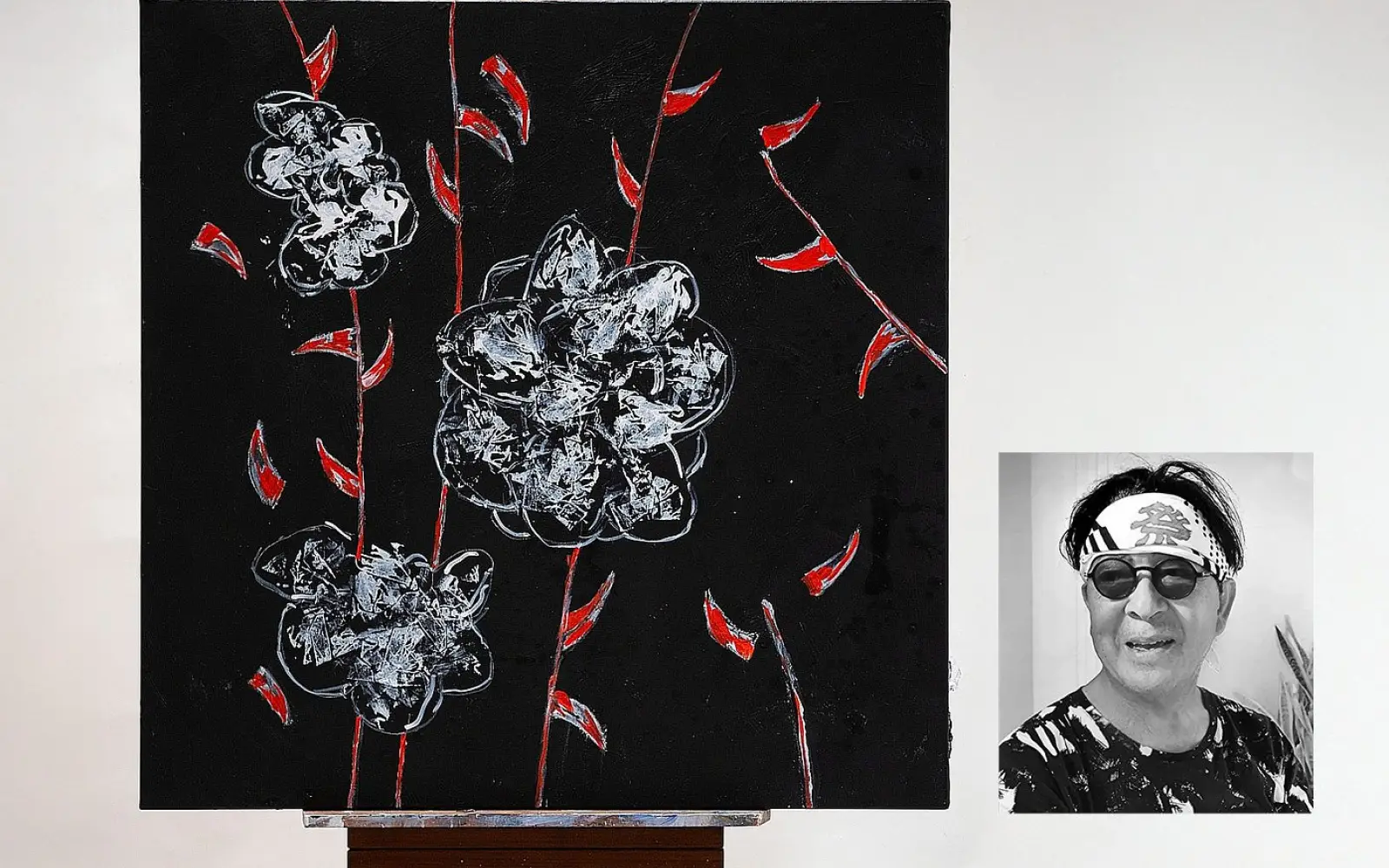 Das Werk „Roses“ von Kanjo Také verbindet analoge Malerei mit symbolischer Reduktion. © Kanjo Také