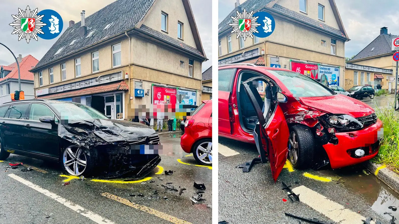 Zwei beschädigte Fahrzeuge nach dem Unfall an der Kreuzung Wedauer Straße / Zu den Eichen. Fotos: Polizei Duisburg