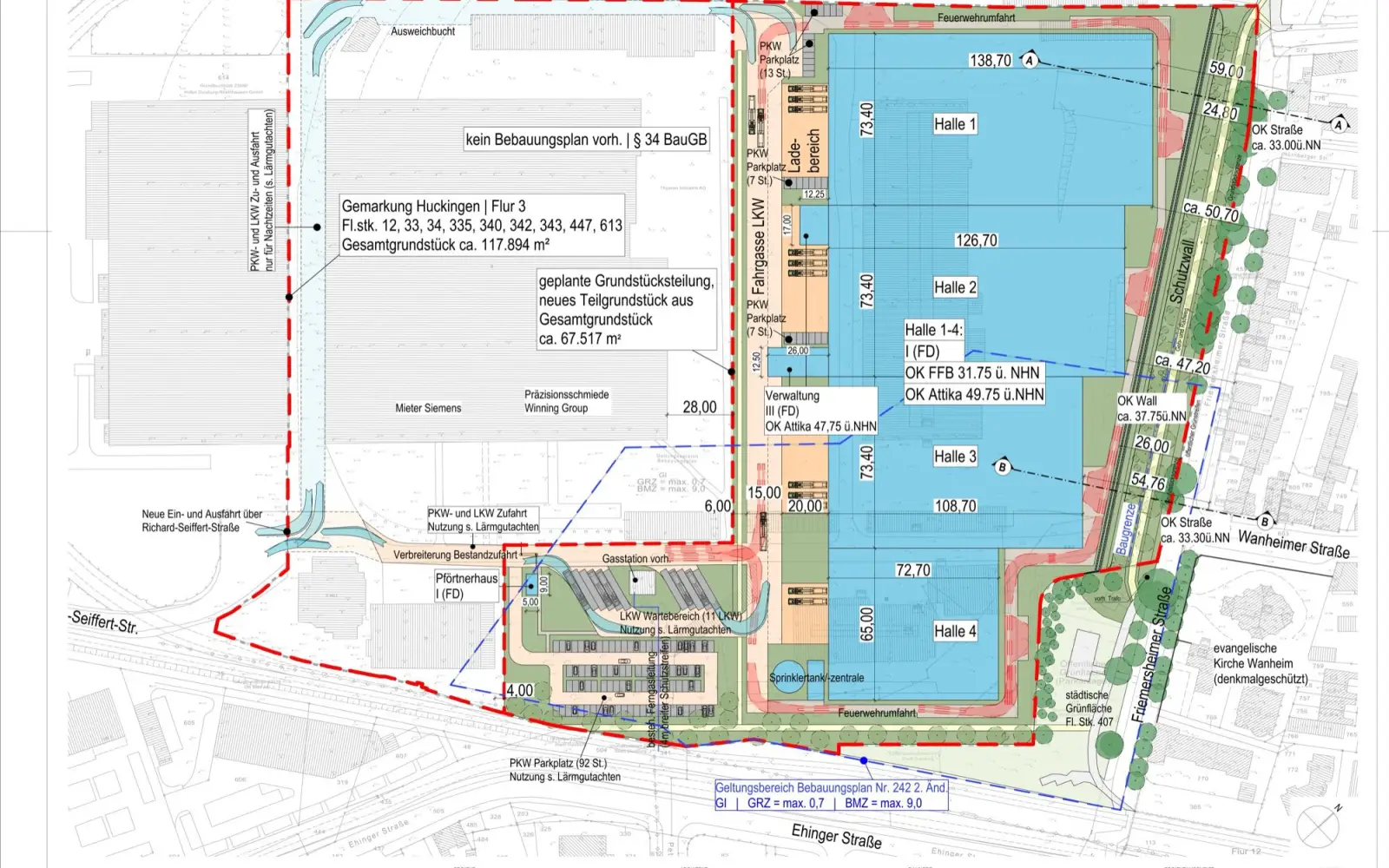 Die neuen Logistikhallen sind auf dem rechten Gelände geplant (blau eingezeichnet). Quelle: dd Planquadrat Architekten