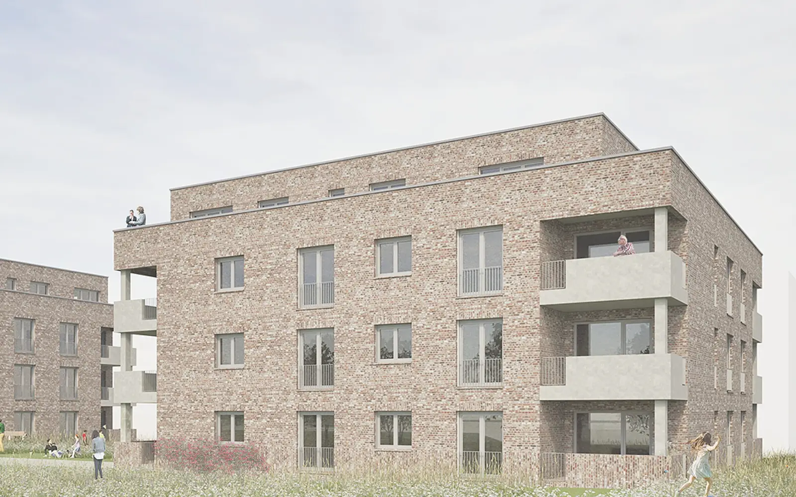 Blick vom Uferpark auf das geplante Wohnquartier im Projekt 6-Seen-Wedau. Visualisierung: Druschke Architektur mit KI