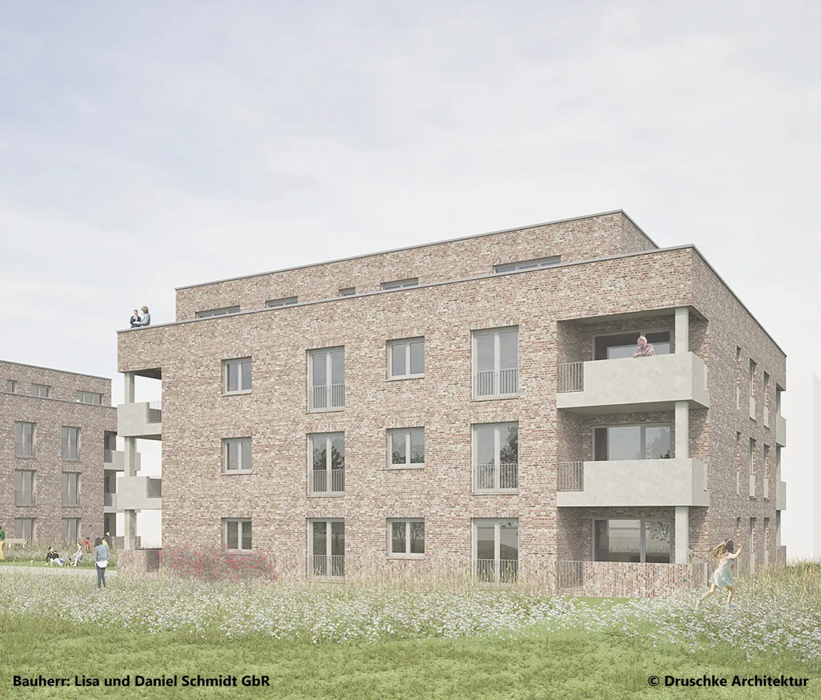 Blick vom Uferpark auf das geplante Wohnquartier im Projekt 6-Seen-Wedau. Visualisierung: Druschke Architektur mit KI