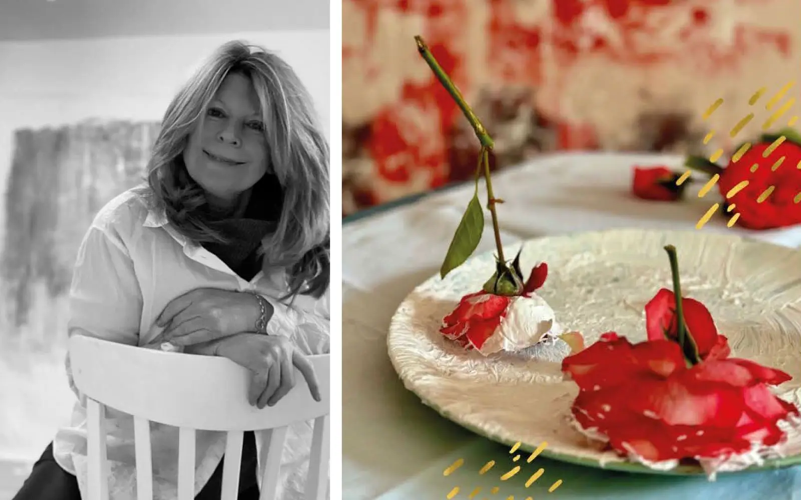 Astrid Charlotte Wintgens und ein Detail ihrer Werke aus der Ausstellung Zwischen Blüten und Blicken im Bürgerhaus Angermund.