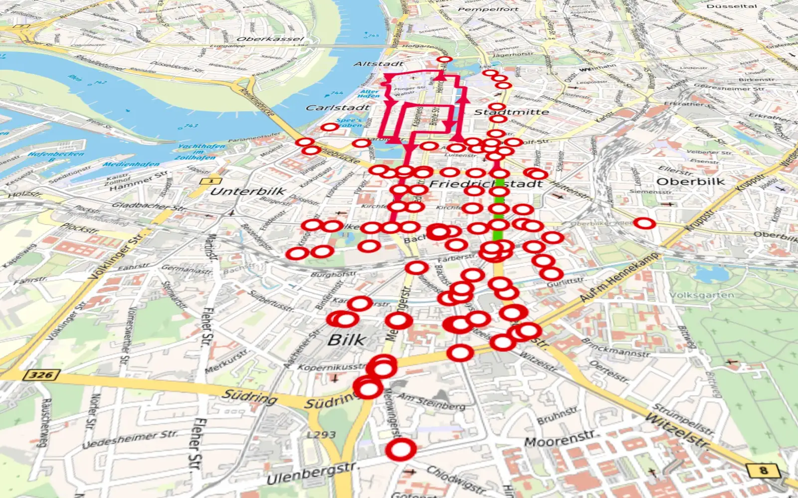 Der Verlauf des Rosenmontagszuges und die damit verbundenen Straßensperren am 3. März in der Übersicht. © Landeshauptstadt Düsseldorf, Amt für Verkehrsmanagement