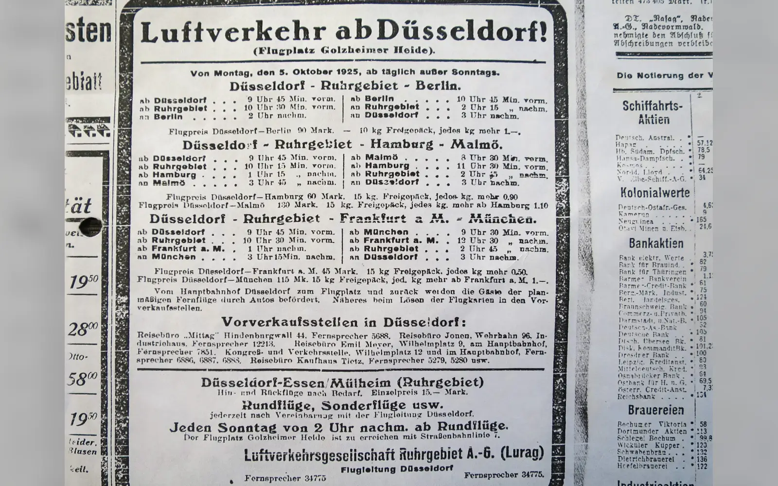 Flugplan ab 5. Oktober 1925. Quelle: Anzeige in den Düsseldorfer Tageszeitungen