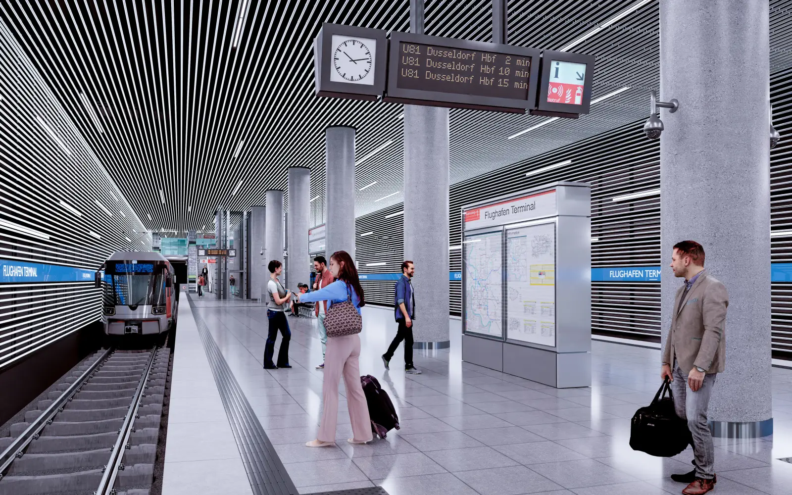 Im Tunnel unter der Airport City entsteht der neue U-Bahnhof „Flughafen Terminal" als Endpunkt des ersten Bauabschnitts. Grafik: Landeshauptstadt Düsseldorf/Amt für Brücken-, Tunnel- und Stadtbahnbau
