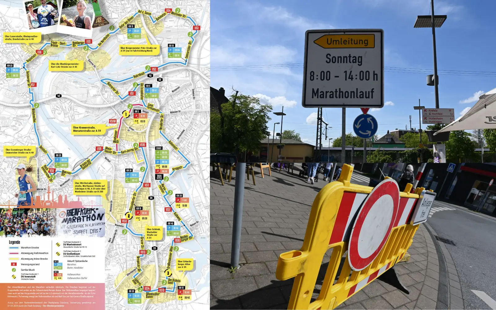 Schon jetzt weisen Straßenschilder am Straßenrand darauf hin, dass am Sonntag die Marathon- Läufer Vorfahrt haben werden. Foto: sam, Karte: SSB